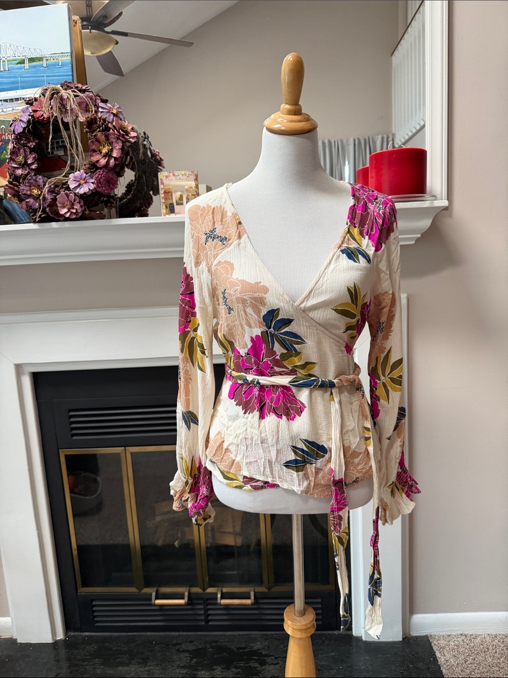 Billabong Cream Wrap Top with Fuchsia Floral Print
